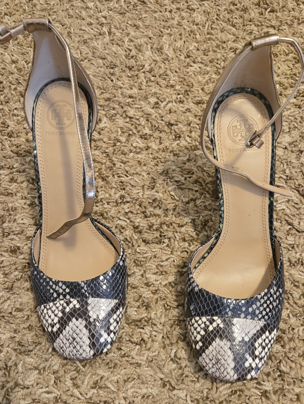 Tory Burch Black and White Snake-Print Ankle Strap Pumps